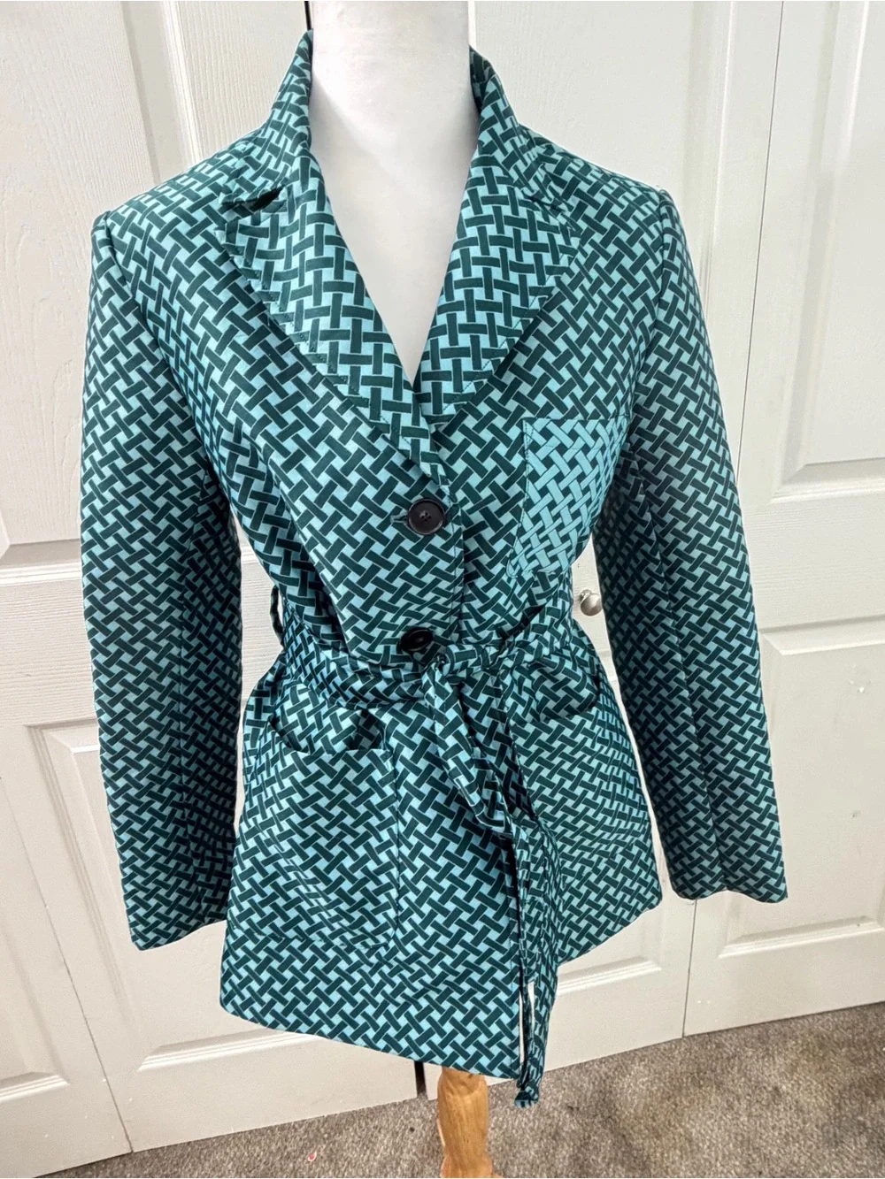 J. Argent Womens Size 8 Teal Geometric Belted Blazer Jacket tailored fit modern